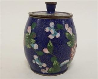 1095 CLOISONNE BARREL SHAPED COVERED JAR W/SOME LOSSES, APPROXIMATELY 4 1/4 IN HIGH
