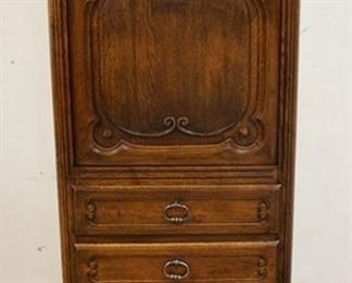 1106 COUNTRY FRENCH ABATTANT SECRETARY DESK, HAVING 4 CARVED DRAWER FRONTS & DESK LID & PANELED SIDES, APPROXIMATELY 16 IN X 26 IN X 55 IN HIGH