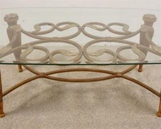 1107 ORNATE GLASS TOP COFFEE TABLE W/METAL VINE LIKE SCROLL & TAPERED FLUTTED LEGS, APPROXIMATELY 51 IN X 30 IN X 19 IN HIGH