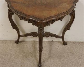 1111 CARVED WALNUT DEMILUNE STAND W/BURL WOOD VENEER TOP, APPROXIMATELY 24 IN X 14 IN X 23 IN HIGH