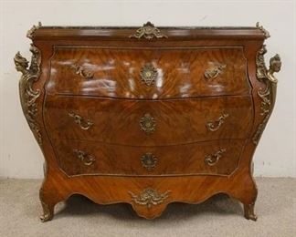 1114 CONTEMPORARY CONTINENTAL BOMBE CHEST, 3 DRAWERS W/MARBLE INSET TOP, BRONZE FIGURAL MOUNTS OF MAN & WOMAN, APPROXIMATELY 48 IN X 20 IN X 37 IN HIGH