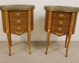 1116 PAIR OF 3 DRAWER CONTINENTAL OVAL STANDS HAVING MARBLE TOPS W/BRASS FRETWORK GALLERY TRIM, BRONZE MOUNTS & PENCIL BANDED INLAID SIDES & BACK, APPROXIMATELY 13 IN X 21 IN X 30 1/2 IN HIGH