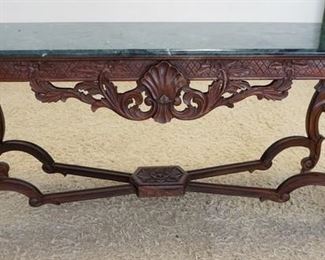 1117 HEAVILY CARVED GREEN MARBLE TOP HALL TABLE, CONTINENTAL, APPROXIMATELY 68 IN X 21 IN X 32 IN HIGH