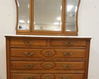 1118 OAK 5 DRAWER MARBLE TOP CHEST W/ADJUSTABLE TRIPLE BEVELED EDGE MIRROR, APPROXIMATELY 44 IN X 22 IN X 73 IN HIGH