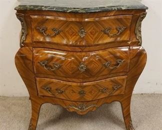 1119 CONTINENTAL BOMBE MARBLE TOP CHEST, 3 DRAWERS W/METAL MOUNTS & DIAMOND MATCHED VENEER, APPROXIMATELY 32 IN X 19 IN X 33 IN