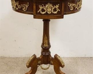 1120 ORNATE INLAID LAMP TABLE W/METAL MOUNTS & METAL SWAGS ON BASE, INLAID TOP W/FRETWORK METAL GALLERY, ONE SWAG DAMAGED, APPROXIMATELY 23 3/4 IN X 34 IN HIGH