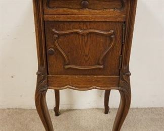 1122 COUNTRY FRENCH SCALLOPED EDGE SMOKING STAND, BROWN MARBLE INSET, ONE DRAWER OVER ONE DOOR & GREEN MARBLE INTERIOR, APPROXIMATELY 15 1/2 IN X 33 IN HIGH
