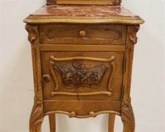 1126 FANCY CARVED SMOKING STAND W/INSET BROWN MARBLE TOP, SCALLOPED EDGE, CARVED DOUBLE SHELF BACK BOARD, MARBLE LINED INTERIOR, APPROXIMATELY 15 IN SQUARE X 48 IN HIGH