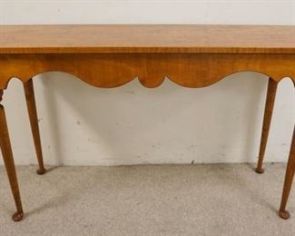 1132 D.R. DIMES TIGER MAPLE PORRINGER DINING TABLE, APPROXIMATLEY 50 IN X 15 IN X 28 IN HIGH