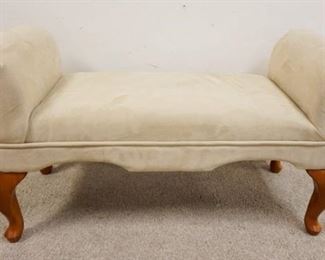 1137 UPHOLSTERED SCROLLED ARM WINDOW BENCH, APPROXIMATELY 43 IN X 17 IN X 23 IN HIGH