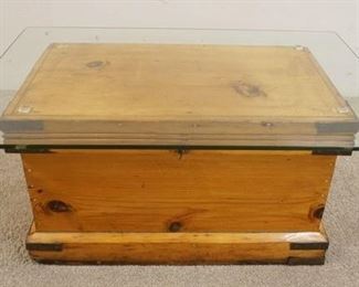 1138 PRIMITIVE PINE CHEST UTILIZED AS A GLASS TOP COFFEE TABLE, APPROXIMATELY 36 IN X 24 IN X 16 3/4 IN HIGH