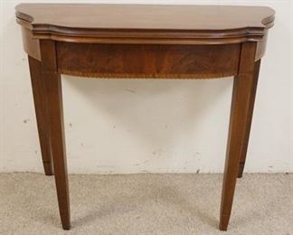 1139 MAHOGANY FLIP TOP GAME TABLE, TABLE HAS BURLED & BANDED FRONT, APPROXIMATELY 17 1/2 IN X 36 IN X 28 3/4 IN HIGH, OPEN 35 IN