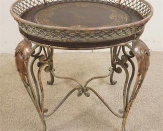 1140 ROUND METAL LAMP TABLE W/INSET LEATHER TOPW/GILT DESIGN, COPPER FINISHED LEAVES ON LEG EXTERIOR & CAST METAL GALLERY AROUND TOP RIM, APPROXIMATELY 24 IN ROUND X 23 3/4 IN HIGH