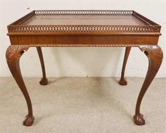 1143 MAHOGANY END LAMP TABLE W/FRETWORK CUT OUT GALLERY TOP & SHELL CARVED, BALL & CLAW FEET, APPROXIMATELY 21 IN X 34 IN X 28 IN HIGH
