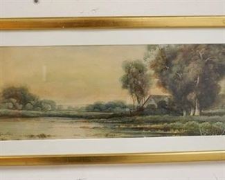 1150 FRAMED & SIGNED WATERCOLOR HENRI DELE COEVILLERIE OF A COTTAGE ON A LAKE, APPROXIMATELY 11 1/4 IN X 25 1/4 IN OVERALL