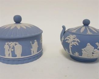 1153 WEDGWOOD ENGLAND JASPER, COVERED SUGAR & APHRODITE COVERED BOX, LARGEST IS APPROXIMATELY 5 IN X 4 IN