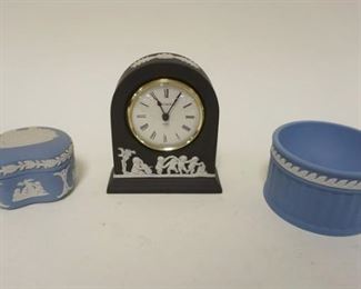 1155 WEDGWOOD ENGLAND JASPER, CANTERBURY CATHEDRAL COVERED BOX, CLOCK & BOWL, LARGEST IS APPROXIMATELY 4 IN X 4 3/4 IN IGH