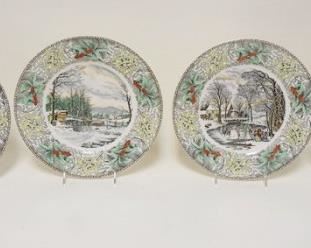 1160 LOT OF 4 POLYCHROME ADAMS N CURRIER, WINTER SCENES PLATES, B ALTMAN & CO, 10 1/4 IN