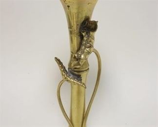 1164 ANTIQUE ART NOUVEAU BRASS TRUMPET VASE W/APPLIED FLOWERS & STEMS, APPROXIMATELY 13 1/2 IN HIGH