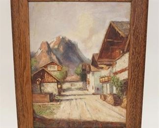 1172 OIL PAINTING ON BOARD BY OSWALD FEY-DUSSELDORFER PAINTER, VILLAGE OF GARMISCH, APPROXIMATELY 17 1/2 IN X 22 IN OVERALL, 1948