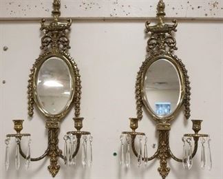 1173 PAIR OF BRASS MIRROR CANDLE SCONCES, APPROXIMATELY 10 IN X 23 IN HIGH