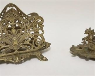 1181 LOT OF BRASS VICTORIAN DESK ITEMS, BRASS BRADLEY & HUBBARD LETTER HOLDER, & BRASS INKWELL, GLASS MISSING