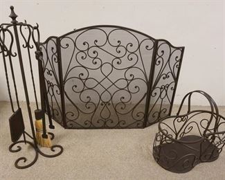 1191 WROUGHT IRON FIREPLACE SET, SCREEN, BASKET, & TOOLS