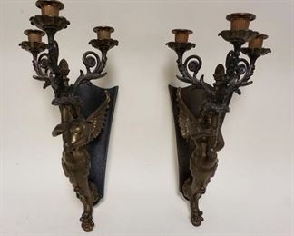 1195 PAIR OF CAST METAL FIGURAL WALL CANDLE SCONCES, WINGED, APPROXIMATELY 17 IN HIGH