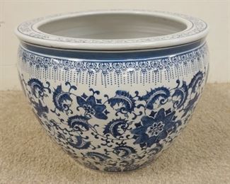 1196 LARGE BLUE & WHITE POTTERY JARDINIER, APPROXIMATELY 16 IN X 12 1/2 IN HIGH