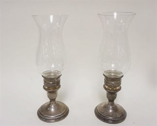 1202 PAIR OF STERLING WEIGHTED CANDLESTICKS W/WHEEL CUT HURRICANE SHADES, 10 1/4 IN HIGH