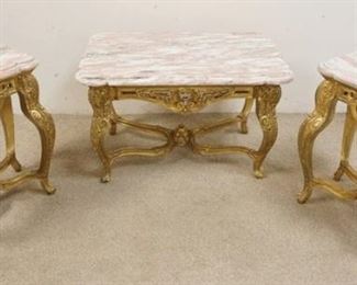 1203 ROSE MARBLE TOP ITALIAN COFFEE & END TABLES ON GILT WOOD BASE, END TABLES APPROXIMATELY 15 1/2 IN X 20 IN X 25 1/2 IN HIGH, COFFEE TABLE APPROXIMATELY 23 IN X 34 1/2 IN X 22 1/4 IN HIGH