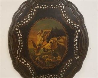 1207 ANTIQUE BLACK LACQUER PAPERMACHE WALL HANGING W/PAINTING OF HOSES & DOVE, INSET MOTHER OF PEARL, APPROXIMATELY 23 IN X 27 IN