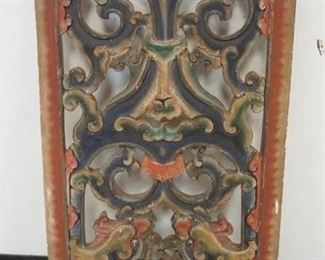 1210 ASIAN STYLE WOOD CARVED & SCROLL CUT ARCHITECTURE PANEL, APPROXIMATELY 19 IN X 38 1/2 IN HIGH