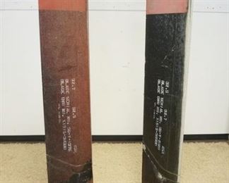 1212 PAIR OF METAL HELICOPTER BLADES MOUNTED ON PLYWOOD BASES, APPROXIMATELY 14 IN X 82 IN HIGH