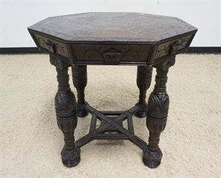 1216 ANTIQUE CARVED ENGLISH OAK OCTAGONAL TABLE W/INLAY ON TOP, LOSSES TO TOP EDGE, APPROXIMATELY 29 1/2 IN X 29 1/4 IN HIGH