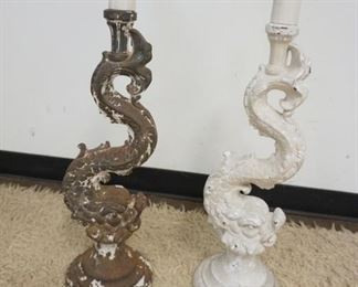 1217 PAIR OF LARGE UNUSUAL CAST IRON DOLPHIN LAMPS, APPROXIMATELY 27 3/4 IN HIGH