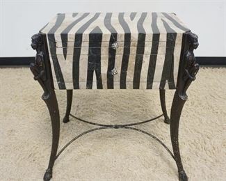 1218 2 DRAWER STAND W/SHEATHED MARBLE ZEBRA DESIGN & ETHNIC FIGURAL LEGS W/HOOFED ENDS, LOSSES TO STAND, APPROXIMATELY 16 IN X 23 1/2 IN X 28 IN HIGH