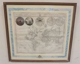 1227 FRAMED & MATTED CHEZ PIERRE MORTIER MAP, CARTE GENERALE DU MONDE AMESTERDAM, APPROXIMATELY 25 1/2 IN X 23 1/2 IN OVERALL