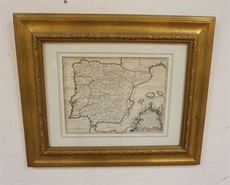 1229 FRAMED & MATTED MAP OF SPAIN, PAR LE SR ROBERT, 1743, APPROXIMATELY 20 IN X 23 1/2 IN OVERALL