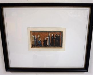 1236 FRAMED AND MATTED COLORED PRINT OF KING SITTING ON THRONE BEFORE A KNEELING MONK, APPROXIMATELY 19 1/4 IN X 15 1/4 IN