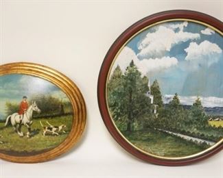 1237 LOT HUNT SCENE AND SIGNED WATERCOLOR OF CHURCH DATED 1952, 15 1/4 IN DIAMETER