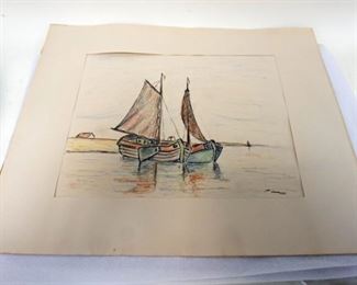 1240 DRAWING BY OSWALD FEY, BOATS NEAR ISLE OF NORDERNY, APPROXIMATELY 17 1/2 IN X 15 IN OVERALL