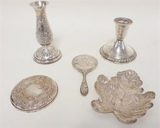 1245 LOT OF VINTAGE STERLING AND SILVER PLATE, STERLING WEIGHTED CANDLESTICKS, BOUND MIRROR