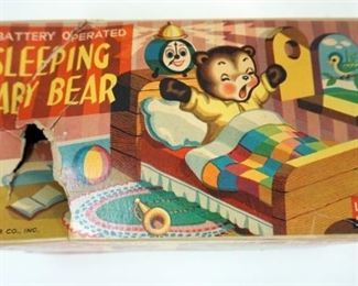 1267 VINTAGED BATTERY OPERATED TOY SLEEPING BABY BEAR, CORRODED BATTERY COMPARTMENT