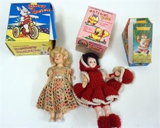 1270 VINTAGE WIND UP TOY AND DOLL LOT, TALLEST APPROXIMATELY 7 1/4 IN HIGH