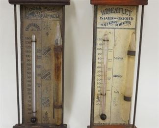 1278 POOLS COTTAGE AND WHEATLET ANTIQUE ADVERTISING THERMOMETER AND BAROMETER, APPROXIMATELY 9 IN HIGH