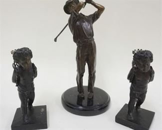 1279 LOT OF 3 CAST METAL FIGURE, GOLFER AND 2 CHERUBS WITH BASKETS, GOLFER APPROXIMATELY 12 IN HIGH