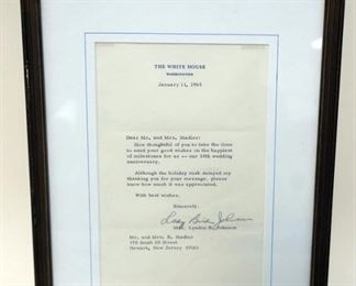 1282 FRAMED LETTER SIGNED BY LADY BIRD JOHNSON, MRS. LYNDON B. JOHNSON, 30 YEAR WEDDING ANNIVERSARY, 1965, APPROXIMATELY 10 IN X 14 IN