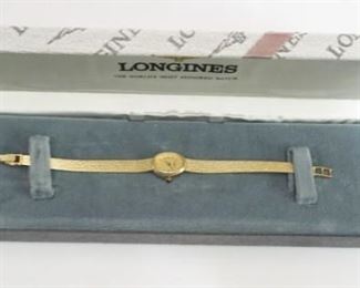 1295 LONGINES 14K LADIES WATCH AND BAND IN ORIGINAL BOX, ANNIVERSARY GIFT FROM JOHNSON AND JOHNSON, LENGTH APPROXIMATELY 6 IN, 10.71 DWT TOTAL WEIGHT