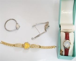 1296 5 LADIES WATCHES INCLUDING BULOVIA EXCELLANCY, HELBROS, NIVADA GRENCHEN, GENEVA AND A QUARTZ WATCH